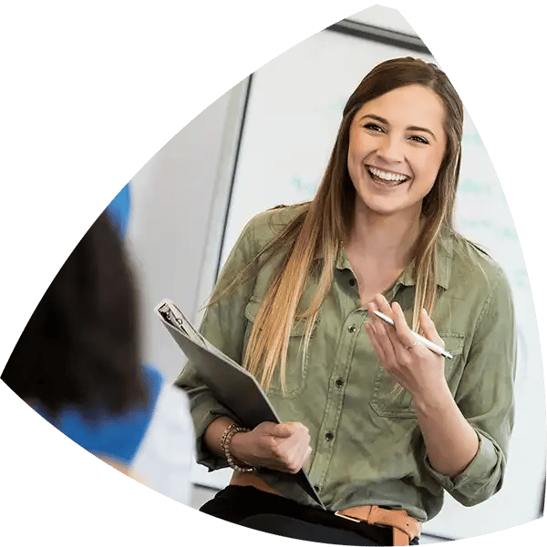 woman talking with pen